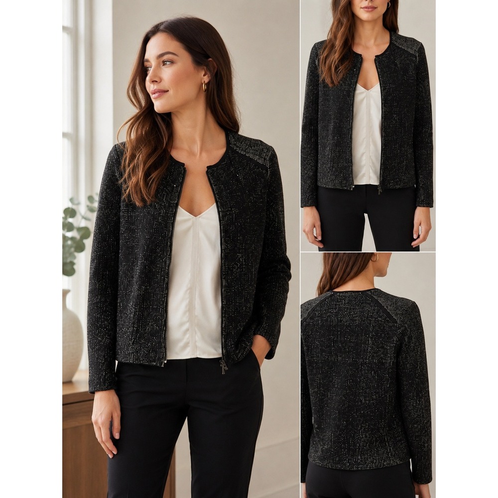 Eileen Fisher Silk Blend Full Zip Black White Ribbed Knit Jacket XS Minimalist